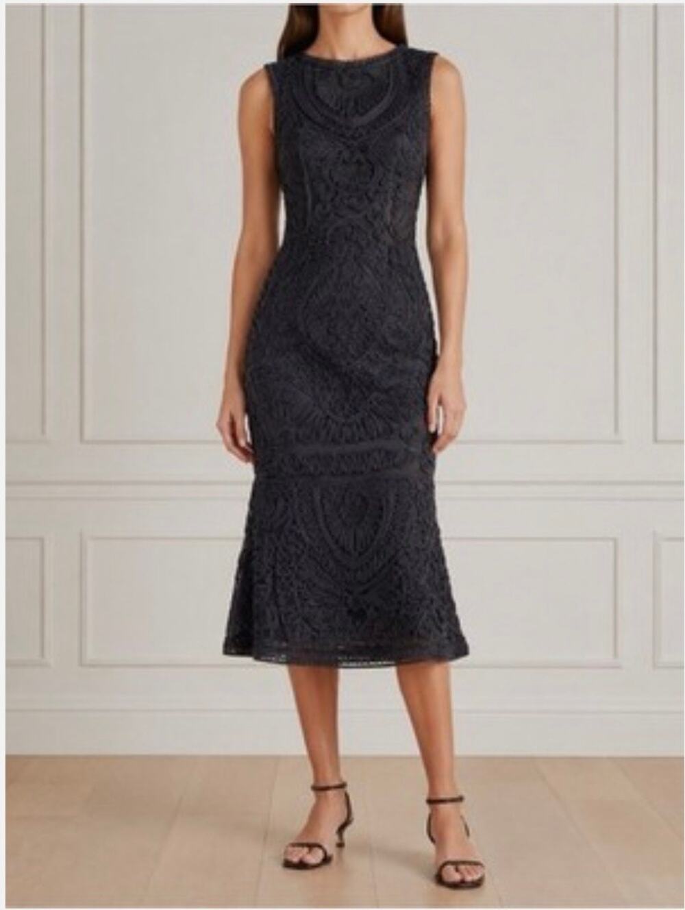 JS Collections Sz 14 navy blu Soutache Embroidered Mesh Midi Evening Dress
